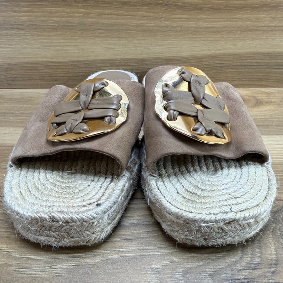 Tory Burch Double T Sandals 7 M Beige Suede Gold Logo Espadrille Slides - Picture 4 of 12